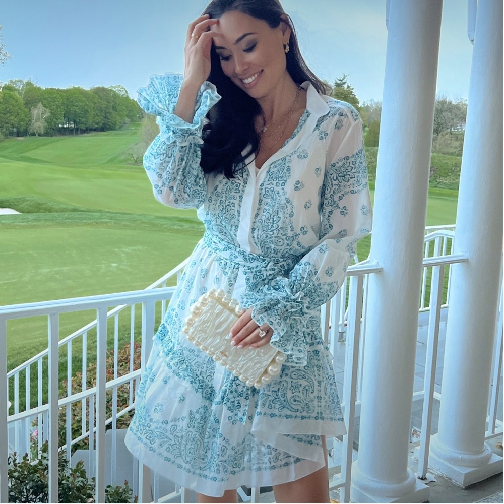 White & Teal Printed Tiered Tie-Waist Midi Dress with Long Sleeves